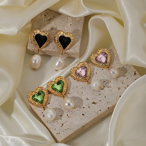 1 paire de boucles d'oreilles plaquées en forme de cœur pour femme, incrustation de perles artificielles en cuivre et Zircon plaqué or 18 carats