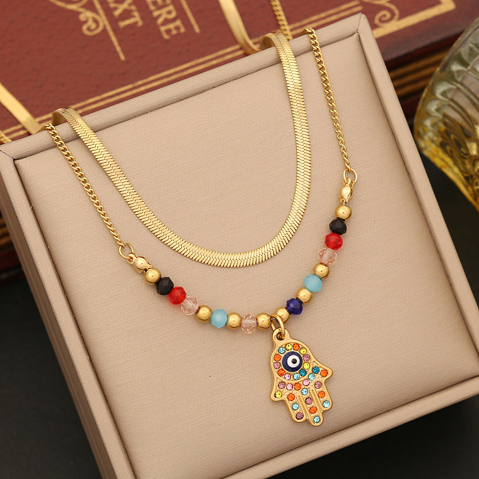 Casual Bohemian Palm Eye Stainless Steel Enamel Plating Inlay Artificial Crystal Earrings Necklace