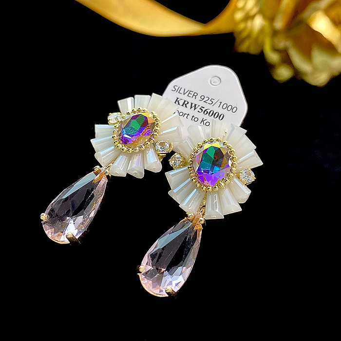 1 Pair Vintage Style Flower Inlay Copper Crystal Zircon Drop Earrings