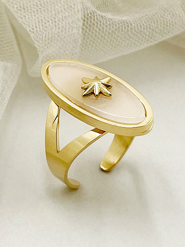 Elegante offene Ringe im Retro-Stil mit Stern-Oval-Edelstahl-Beschichtung, Inlay-Muschel und 14-Karat-Vergoldung