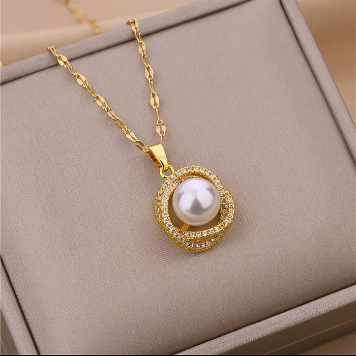 Wholesale Elegant Round Titanium Steel Artificial Pearls Zircon Rings Necklace