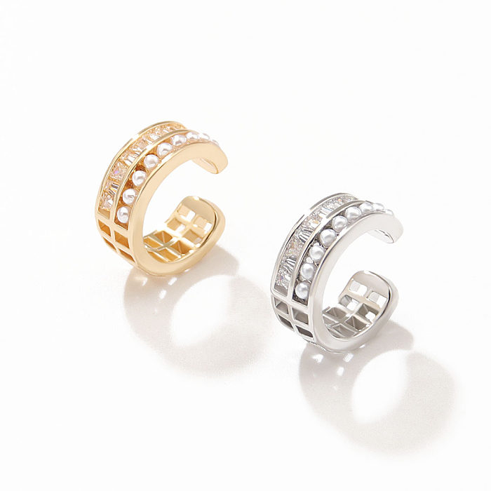 Clips para las orejas de circonita, perlas artificiales con incrustaciones de cobre en forma de C, estilo coreano, 1 pieza