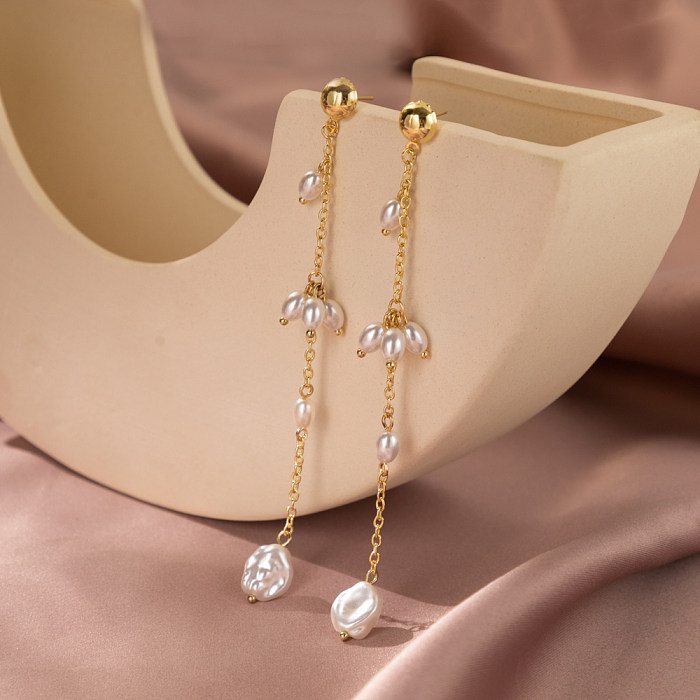 1 Pair IG Style Simple Style Irregular Tassel Plating Imitation Pearl Copper Drop Earrings