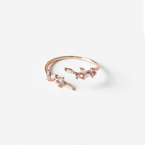 Elegant Lady Leaves Copper Inlay Zircon Open Ring