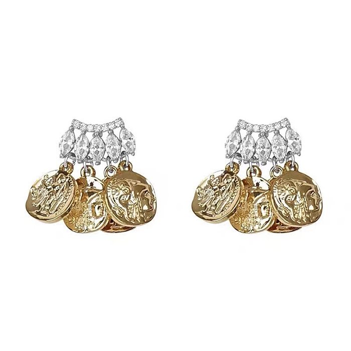 1 Pair Elegant Streetwear Coin Inlay Copper Zircon Drop Earrings