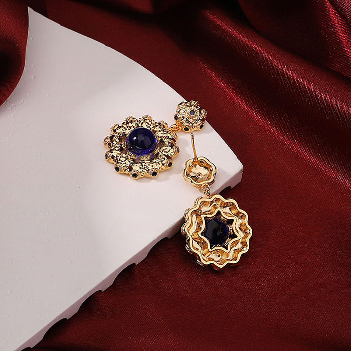 1 Pair Retro Commute Round Plating Inlay Copper Artificial Gemstones 18K Gold Plated Drop Earrings