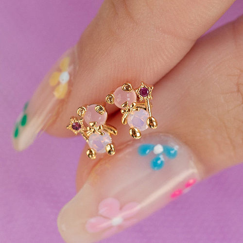 New Sweet Girl Heart Pink Cute Bear Copper Inlaid Opal Earrings