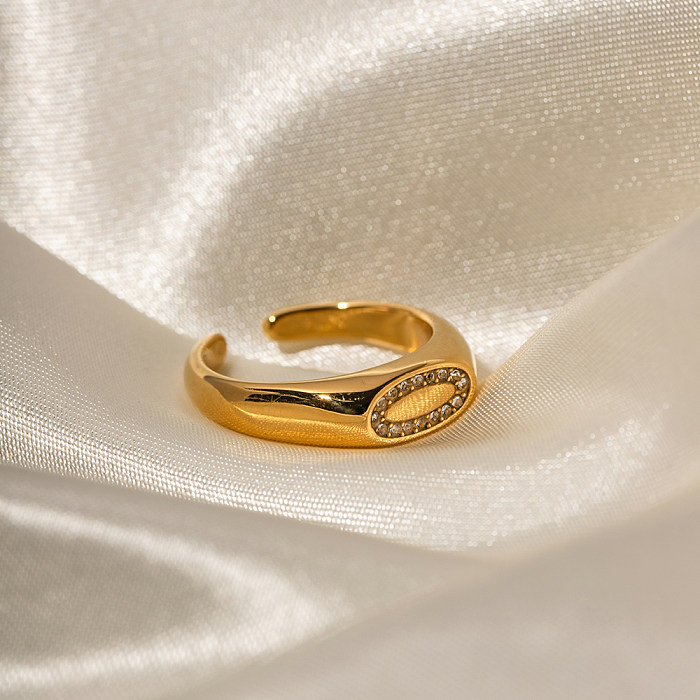 INS Style Simple Style ovale en acier inoxydable placage incrustation de strass plaqué or 18 carats anneau ouvert