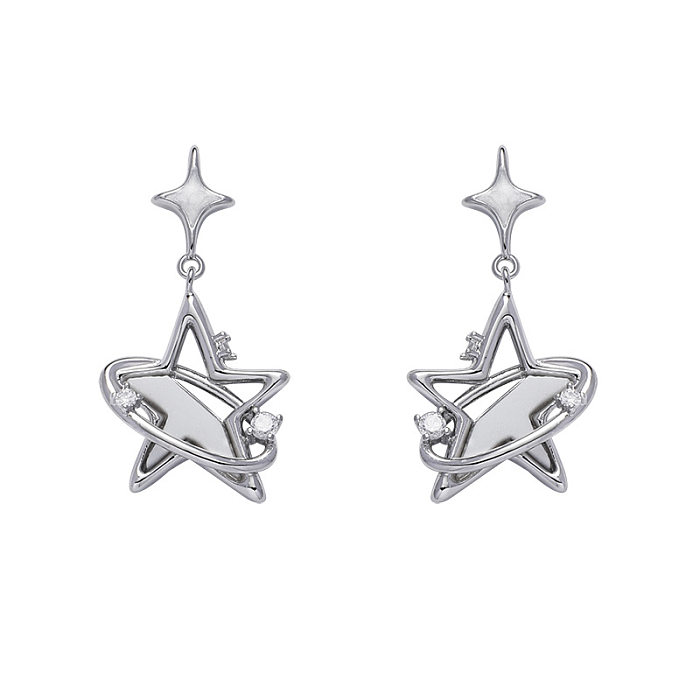 1 paire de boucles d'oreilles pendantes en cuivre et Zircon, Design Original, étoile plaquée émail, incrustation de cuivre et de Zircon