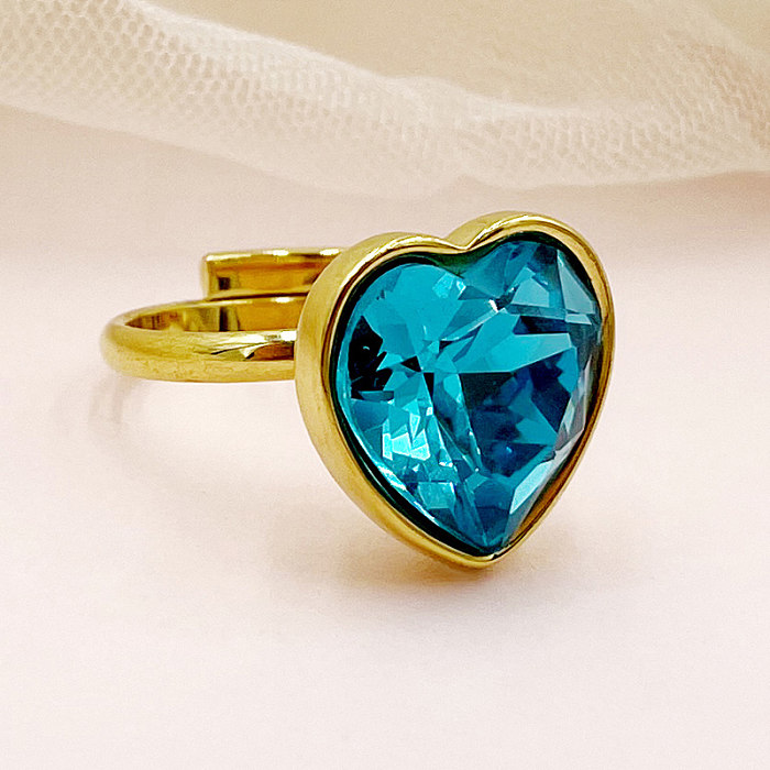 Elegante senhora estilo clássico formato de coração em aço inoxidável banhado a ouro zircão anéis abertos a granel