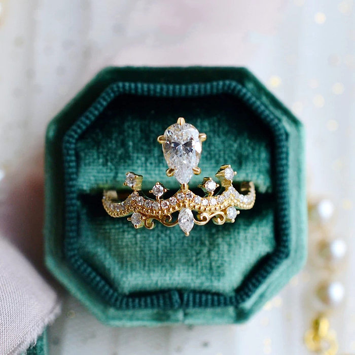 Retro Crown Copper Inlay Artificial Gemstones Rings 1 Piece