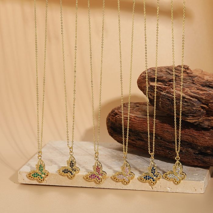 Estilo simples estilo coreano borboleta revestimento de cobre incrustação zircão 14K colar pingente banhado a ouro