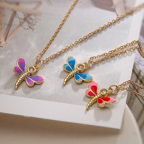Modern Style Dragonfly Copper Enamel Plating Inlay Zircon 18K Gold Plated Pendant Necklace