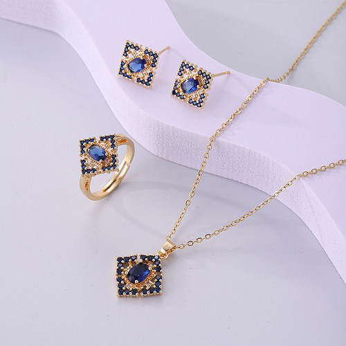 Retro Square Copper Plating Inlay Zircon 18K Gold Plated Rings Earrings Necklace