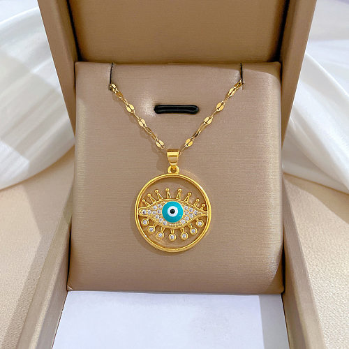 Fashion Round Devil'S Eye Titanium Steel Copper Plating Hollow Out Inlay Rhinestones Pendant Necklace