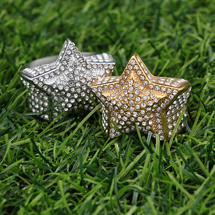 Wholesale Vintage Style Punk Star Stainless Steel Polishing Inlay Rhinestones Wide Band Rings