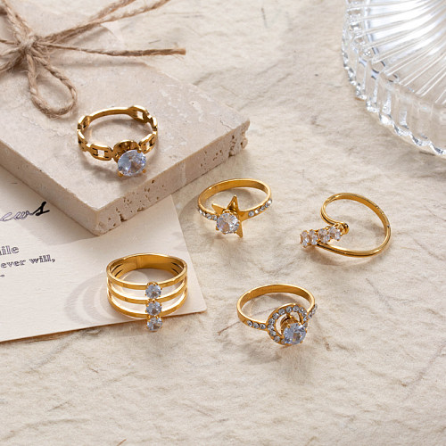 Anéis de zircão banhados a ouro 18K geométricos de pentagrama coreano básico estilo a granel