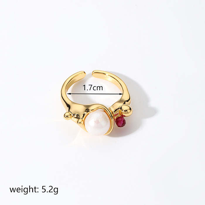 Elegant Round Copper Plating Inlay Crystal Freshwater Pearl 18K Gold Plated Open Rings