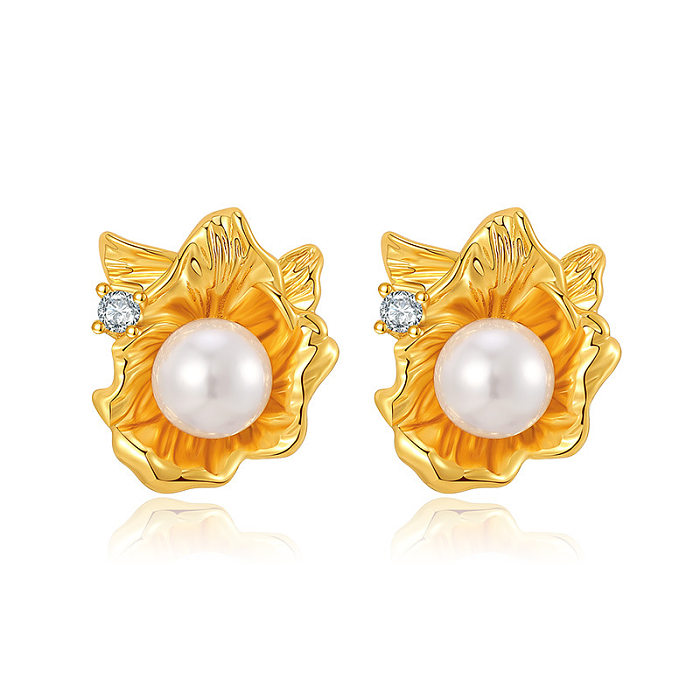 1 Pair Baroque Style C Shape Geometric Flower Plating Imitation Pearl Copper 18K Gold Plated Drop Earrings