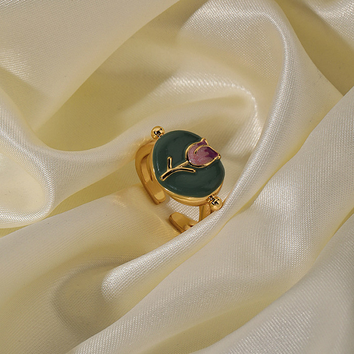 O esmalte de cobre de Rosa do estilo feericamente chapeia anéis abertos banhados a ouro 18K