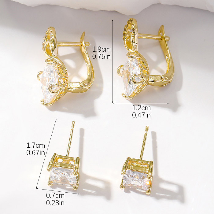 2 pares de brincos de orelha de zircão de cobre com incrustações quadradas de estilo simples