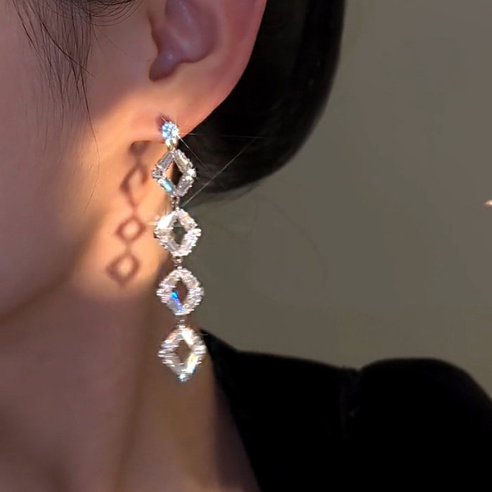 1 Pair Lady Rhombus Inlay Copper Zircon Drop Earrings