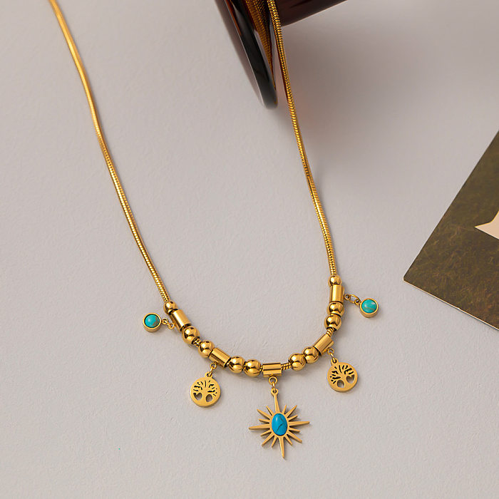 Streetwear Sun Tree – collier avec incrustation de placage en acier et titane, Bracelets Turquoise