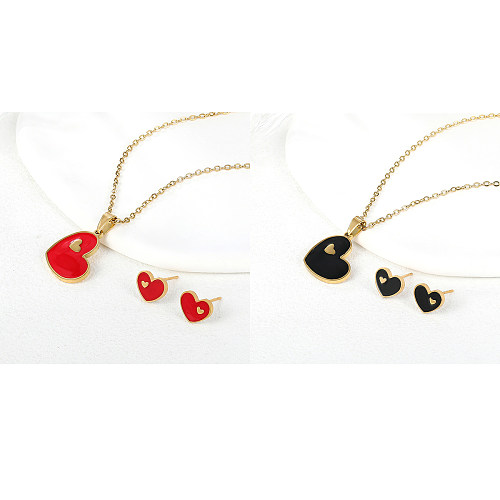 Romantic Sweet Heart Shape Stainless Steel Enamel Plating 18K Gold Plated Women'S Earrings Necklace
