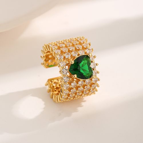 French Style Heart Shape Copper Plating Inlay Zircon 18K Gold Plated Open Rings
