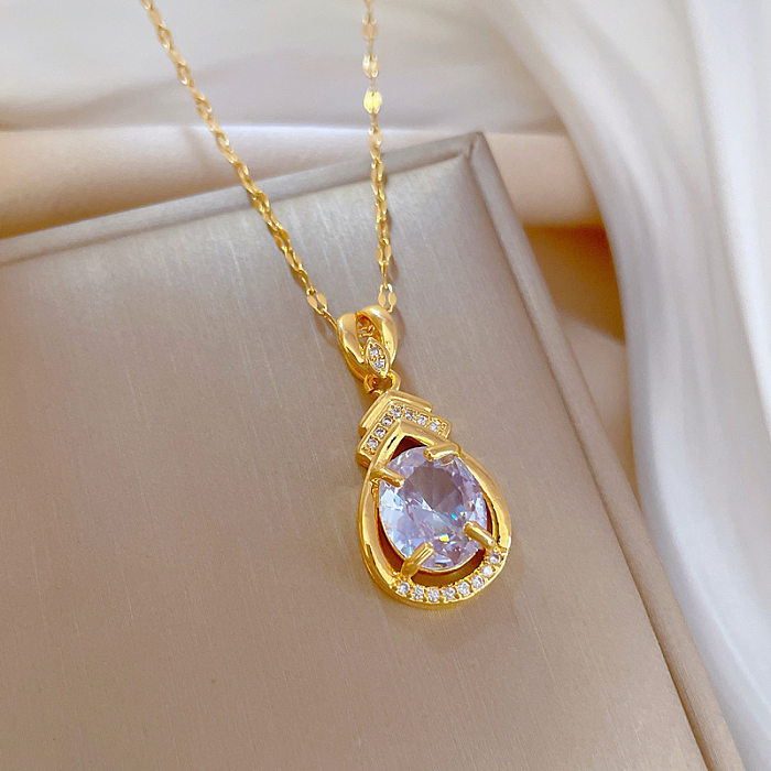 Fashion Water Droplets Stainless Steel Copper Plating Hollow Out Inlay Zircon Pendant Necklace 1 Piece