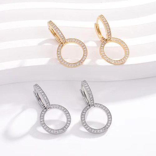 1 par de pendientes colgantes de diamantes artificiales de cobre con incrustaciones de doble anillo de estilo Simple y elegante