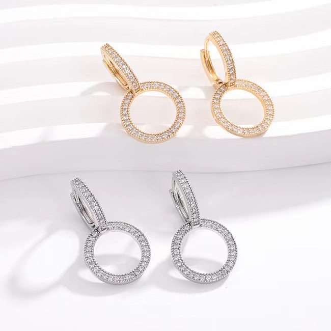 1 paire de boucles d'oreilles en cuivre et diamant artificiel, Style Simple et élégant, Double anneau incrusté de diamants artificiels