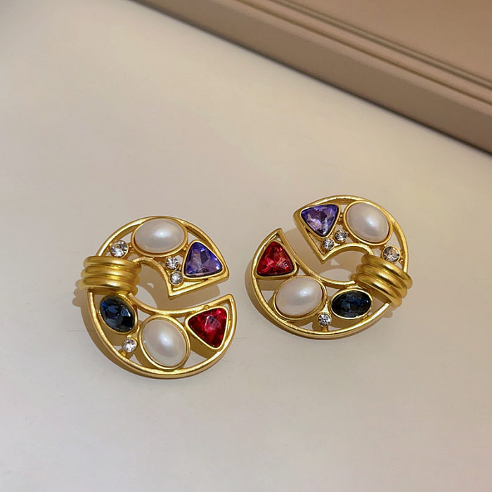 1 Pair Retro Sweet Flower Plating Inlay Copper Rhinestones Gold Plated Ear Studs