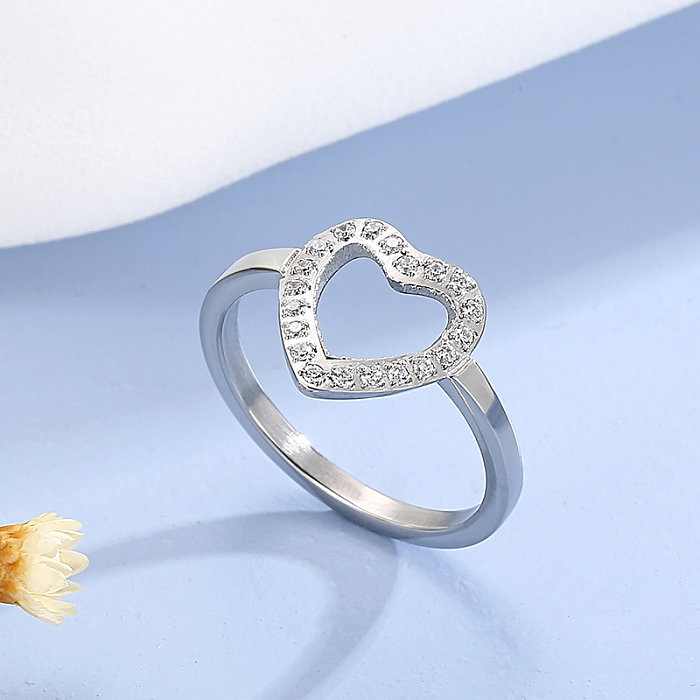 Anillos de diamantes de imitación chapados en acero inoxidable con forma de corazón de estilo simple 1 pieza