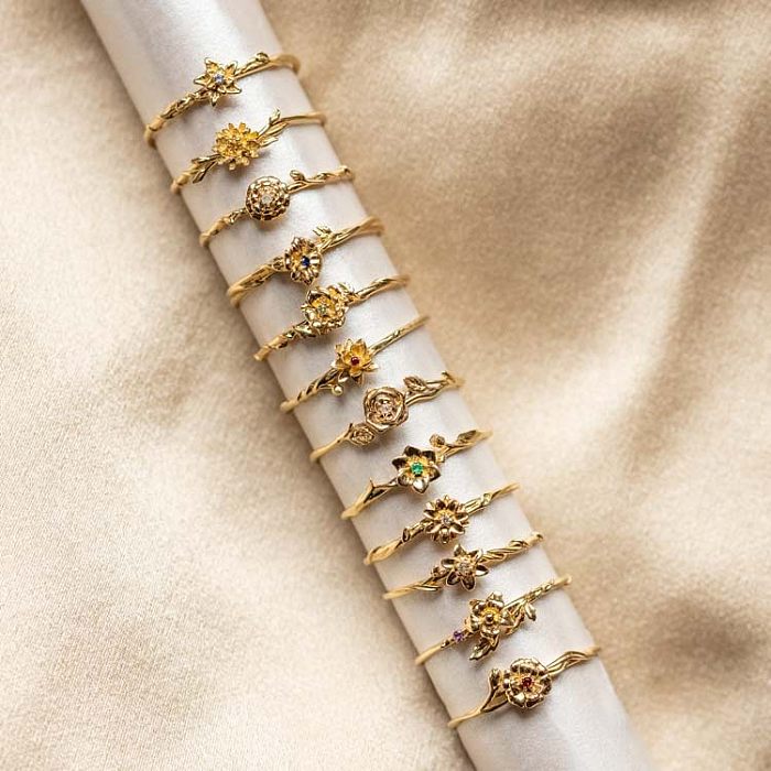 Elegante glam estilo clássico flor chapeamento de cobre incrustação de pedra de aniversário anéis banhados a ouro