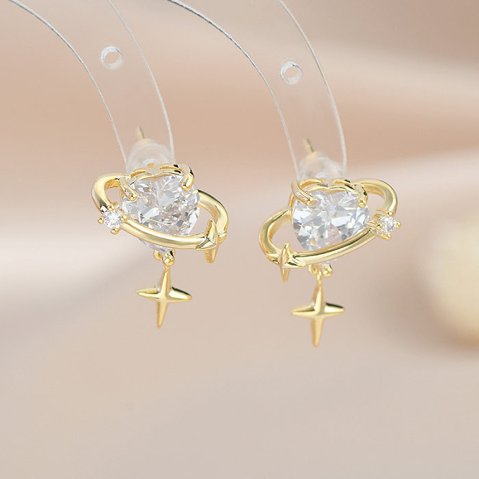 1 Pair Simple Style Heart Shape Copper Inlay Zircon Earrings