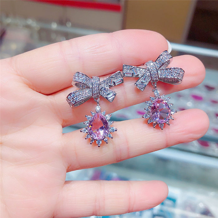 1 Pair Sweet Simple Style Water Droplets Bow Knot Plating Inlay Copper Zircon Drop Earrings Ear Clips