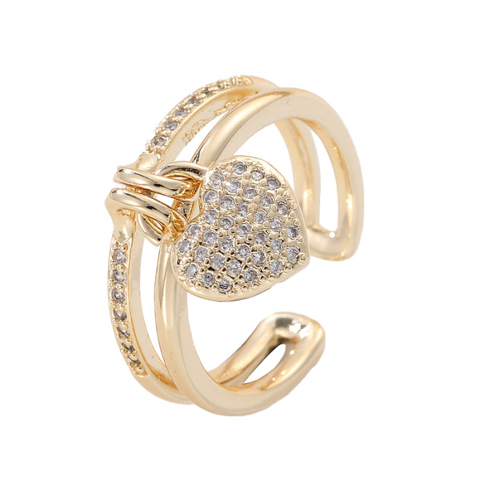 Anéis elegantes com pingente de strass em forma de coração em cobre