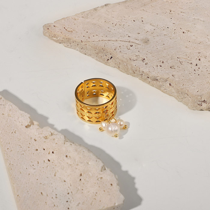 Mismo anillo geométrico Anillo abierto hueco de tres perlas de acero inoxidable de oro de 18 quilates