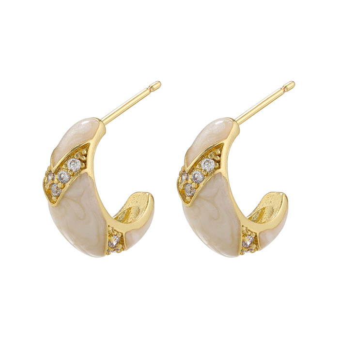 1 Pair Elegant Luxurious Sweet C Shape Copper Enamel Plating Inlay Zircon 18K Gold Plated Ear Studs