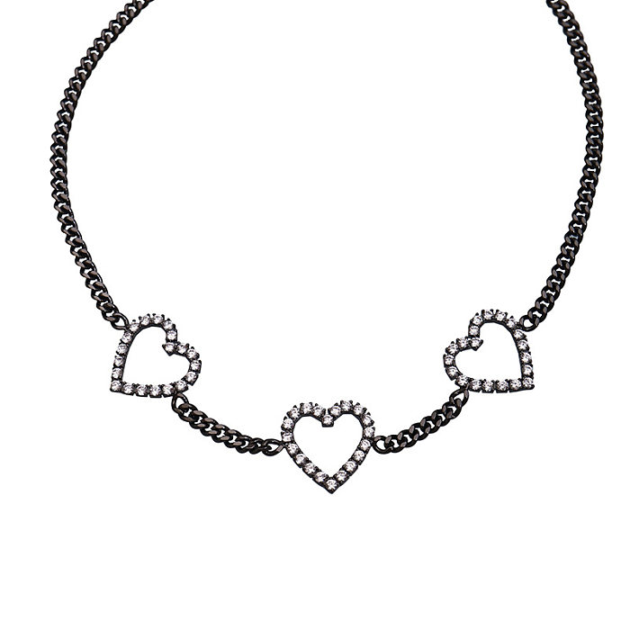 INS-Stil, schlichter Stil, Herzform, Messingbeschichtung, ausgehöhlte Inlay-Zirkon-Halskette