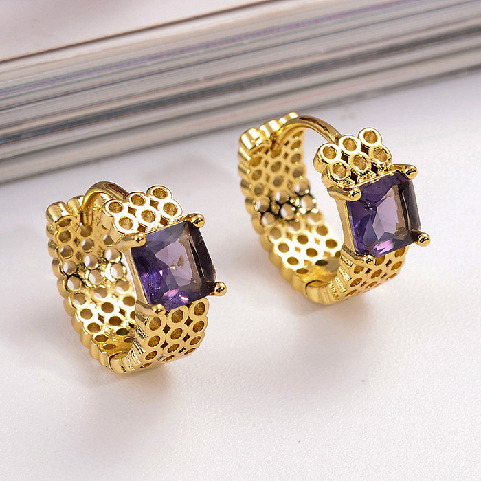 1 paire de boucles d'oreilles plaquées or 18 carats, Style IG Simple, incrustation carrée en cuivre et Zircon