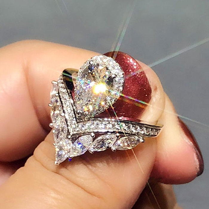 Fashion Water Droplets Copper Rings Inlay Zircon Copper Rings