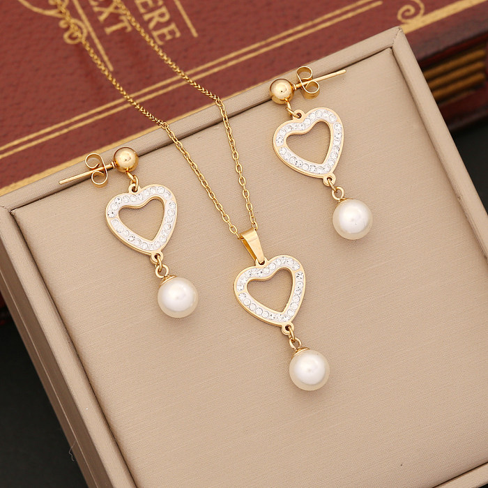 Simple Style Commute Round Heart Shape Rectangle Stainless Steel Plating Hollow Out Inlay Pearl Zircon Jewelry Set