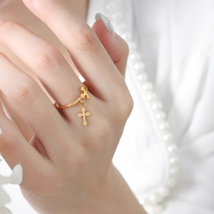 Simple Style Cool Style Cross Titanium Steel 18K Gold Plated Rings In Bulk