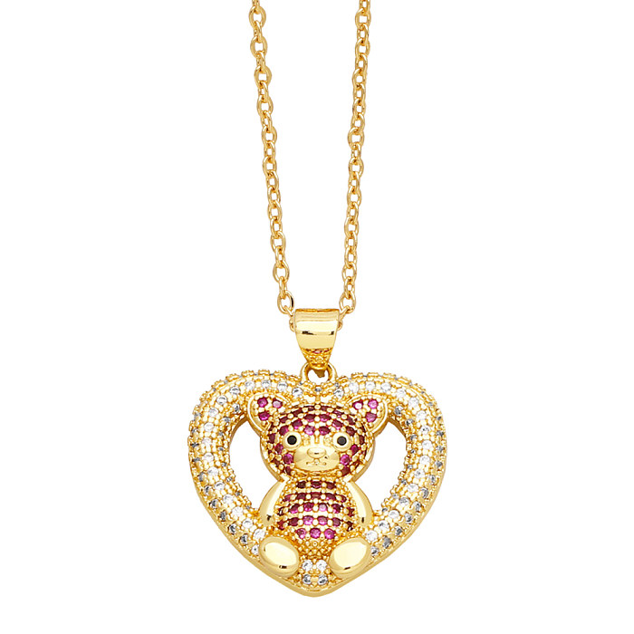 Schlichter Stil, kleine Bär-Herzform, Kupfer, 18 Karat vergoldet, Zirkon-Anhänger-Halskette in großen Mengen