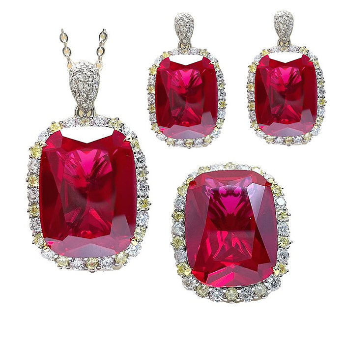 Glam Luxurious Square Copper Inlay Gem Rings Earrings Necklace