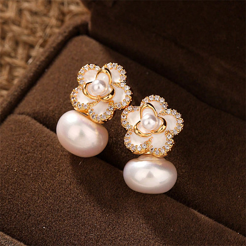 1 Pair Elegant Lady Commute Flower Plating Inlay Copper Artificial Pearls Zircon Ear Studs