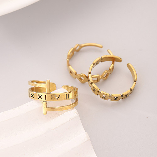 Letra Streetwear em aço inoxidável chapeamento anéis abertos banhados a ouro 18K