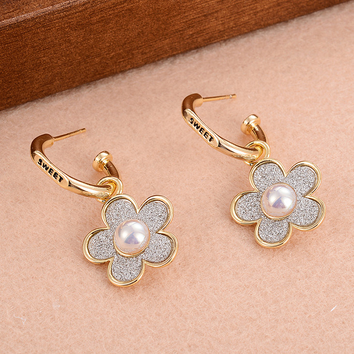 1 Pair IG Style Shiny Flower Plating Inlay Copper Pearl 14K Gold Plated Earrings